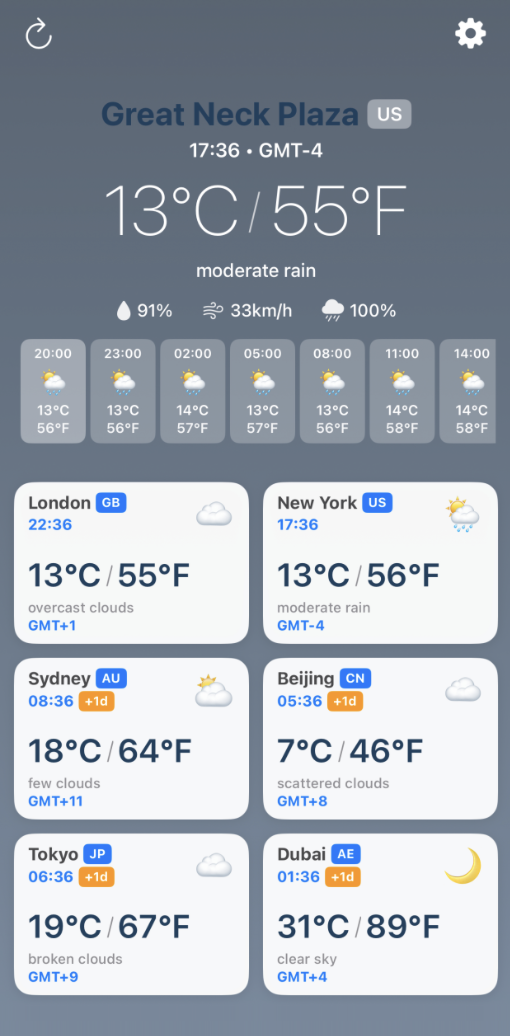 Weather Travel app showing real-time weather for multiple cities